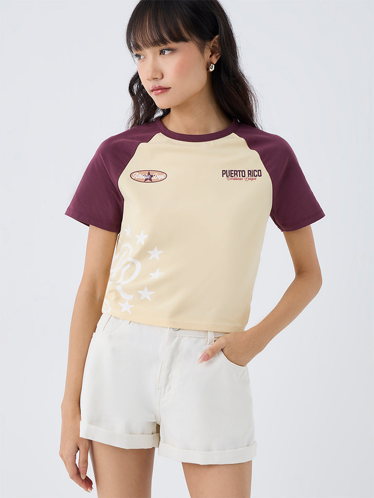 Nuon Cream Printed Colour-Blocked Cotton T-Shirt