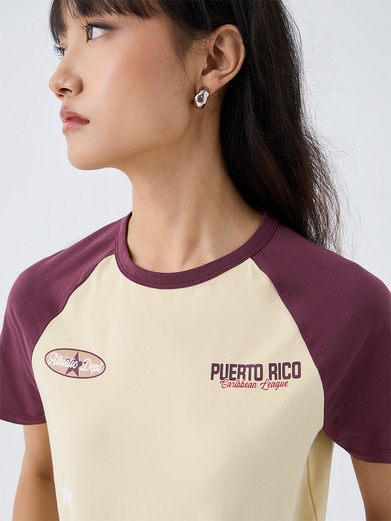 Nuon Cream Printed Colour-Blocked Cotton T-Shirt