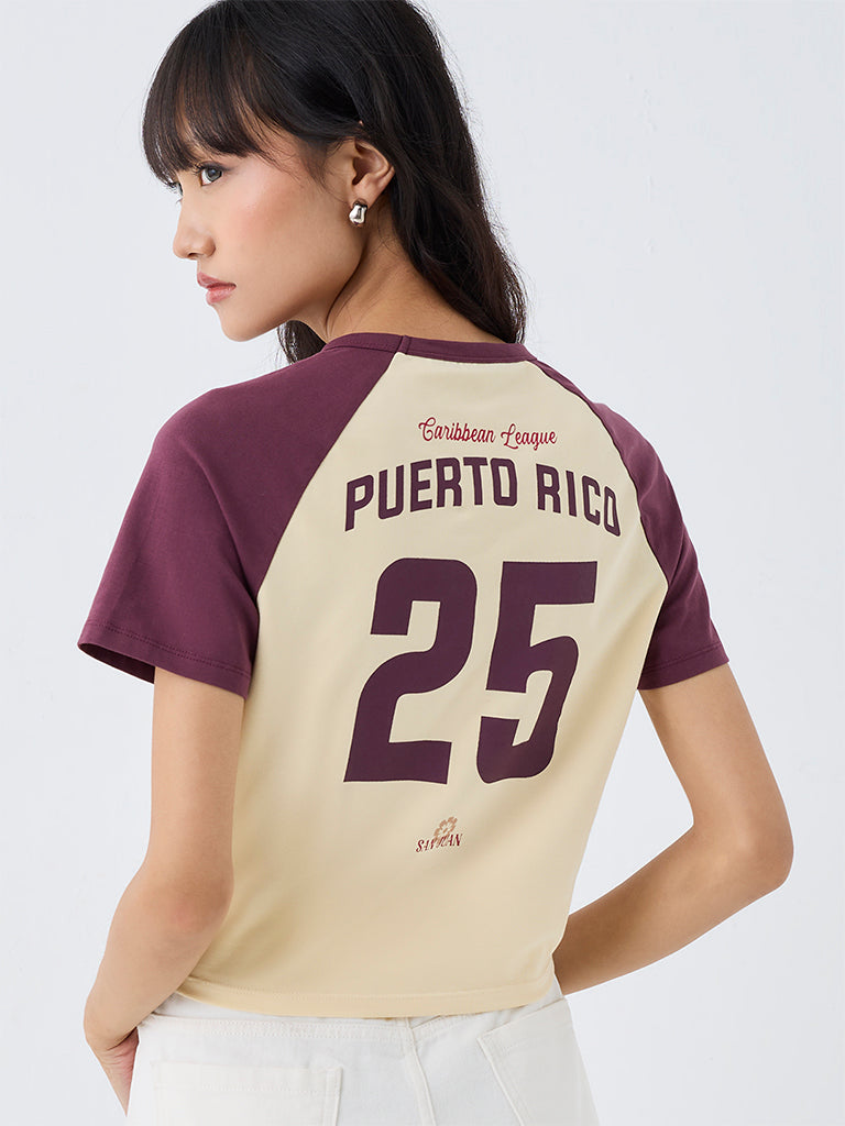 Nuon Cream Printed Colour-Blocked Cotton T-Shirt