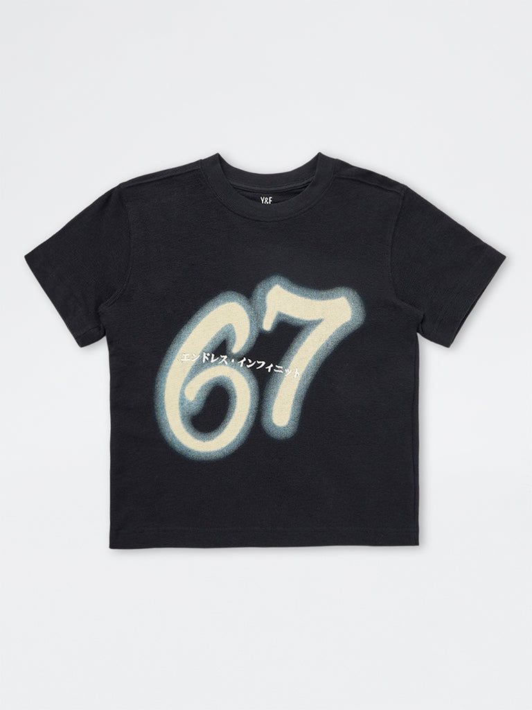 Boys Black Printed Cotton T-Shirt