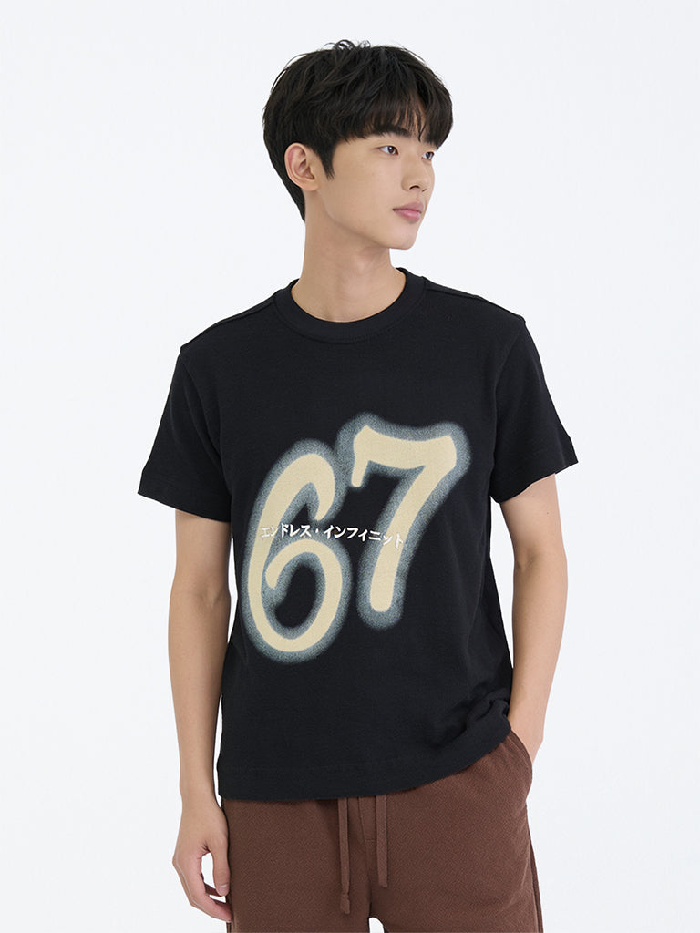 Boys Black Printed Cotton T-Shirt