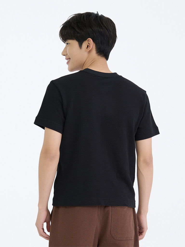 Boys Black Printed Cotton T-Shirt