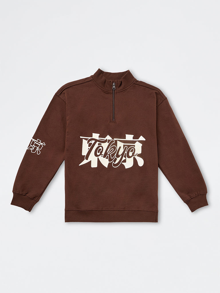 Boys Dark Brown Text Printed Cotton Sweatshirt