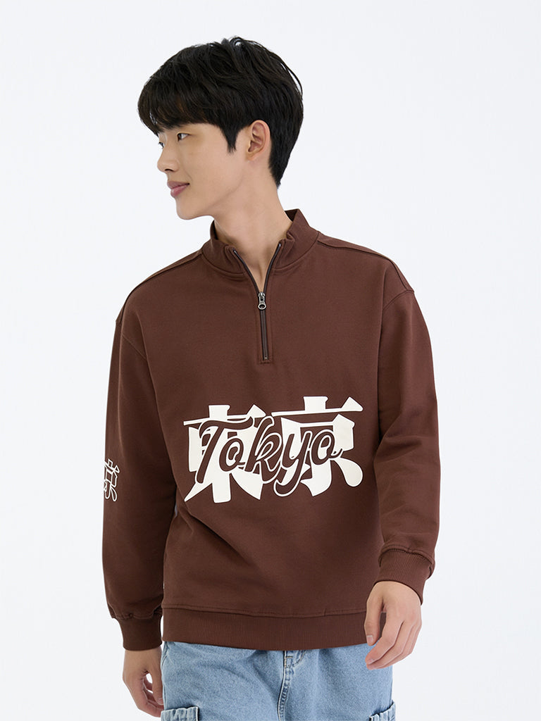 Boys Dark Brown Text Printed Cotton Sweatshirt