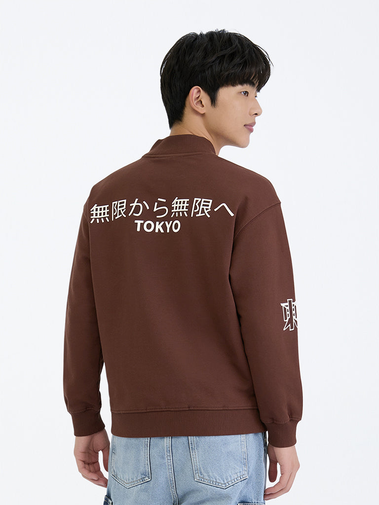 Boys Dark Brown Text Printed Cotton Sweatshirt