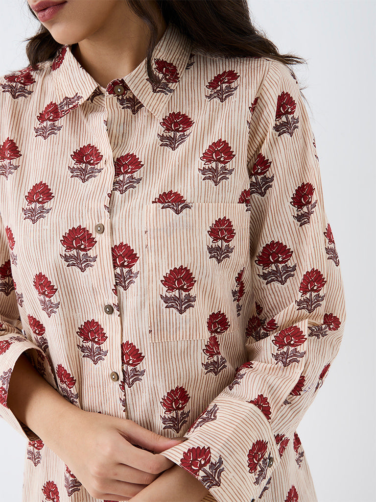 Utsa Beige Floral Pattern Cotton A-Line Kurta