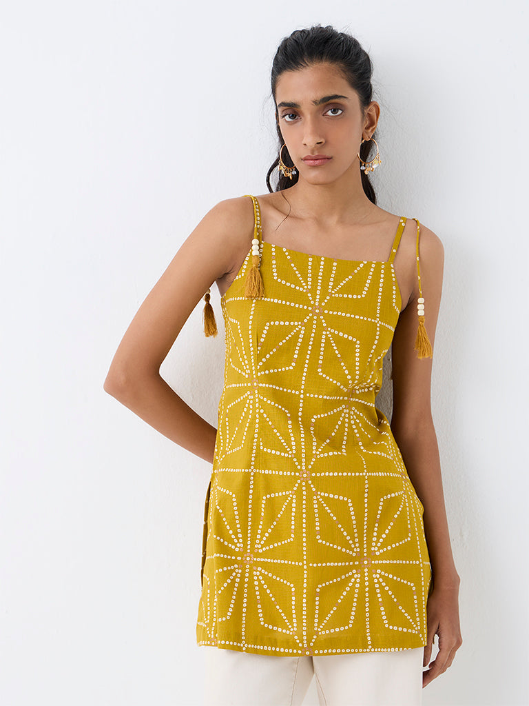 Utsa Mustard Geometric Printed Cotton Tunic