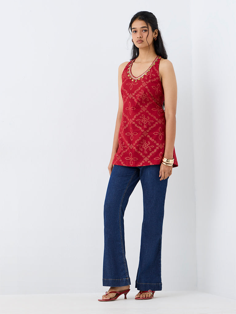 Utsa Red Bandhani Printed Halter-Neck Cotton Kurti