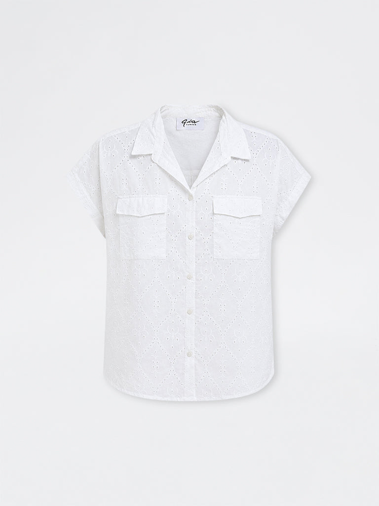 Gia White Schiffli Detailed Cotton Shirt
