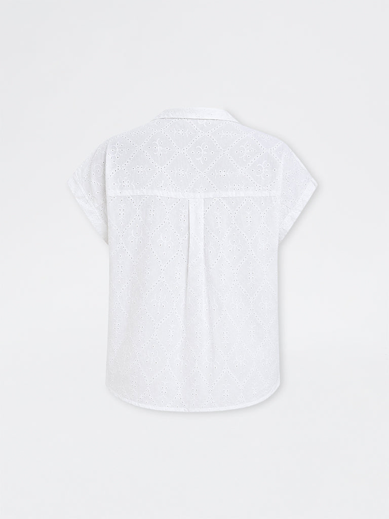Gia White Schiffli Detailed Cotton Shirt