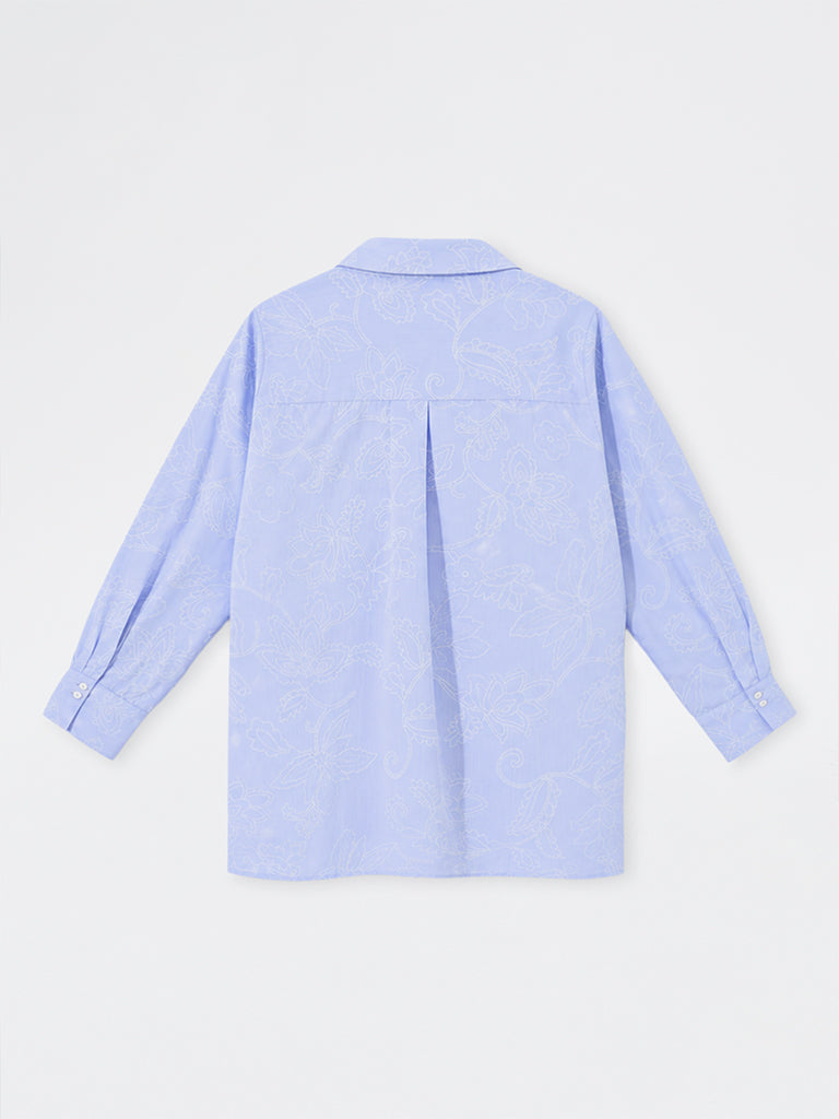 Gia Light Blue Floral Embroidered High-Low Blouse