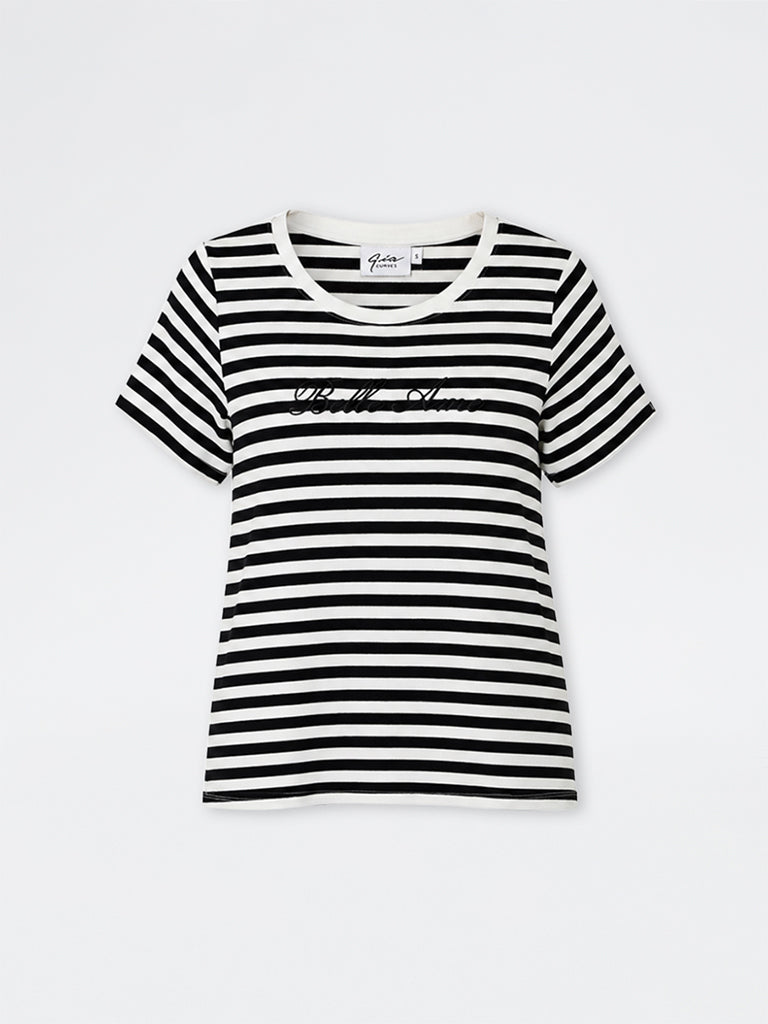 Gia Black and White Striped Cotton-Blend T-Shirt