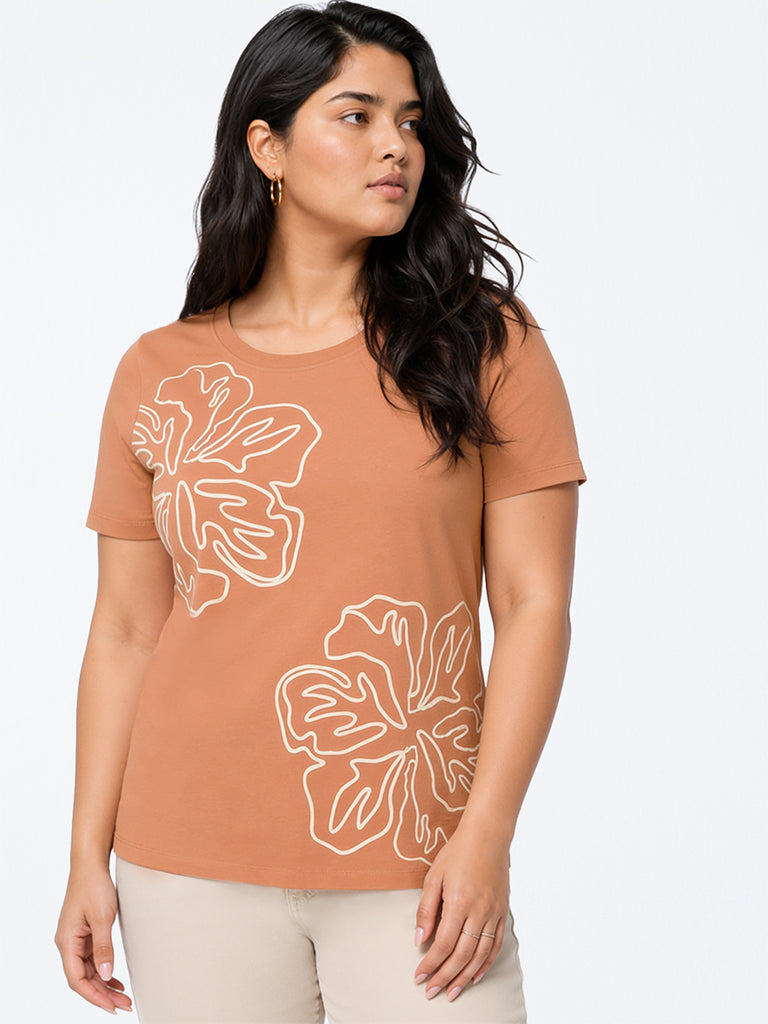Gia Orange Floral Printed Cotton T-Shirt