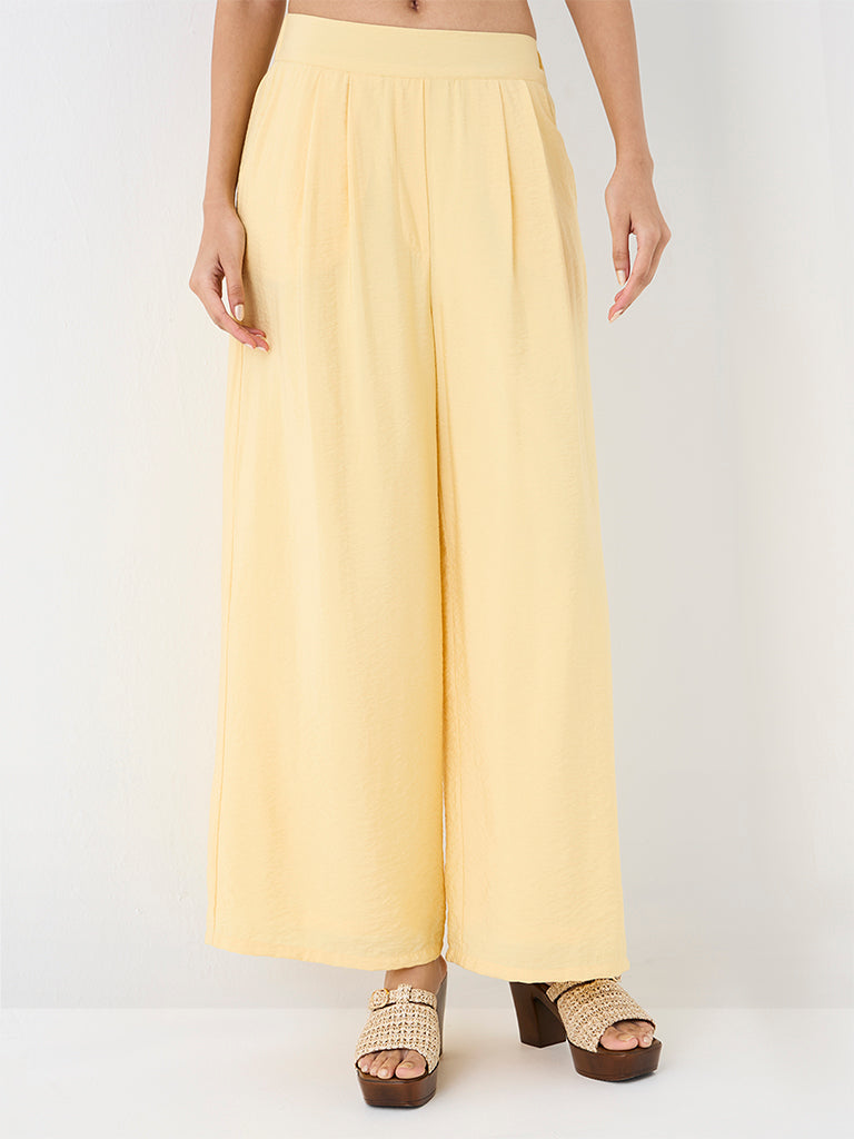 LOV Yellow Crinkle-Textured High-Rise Pants