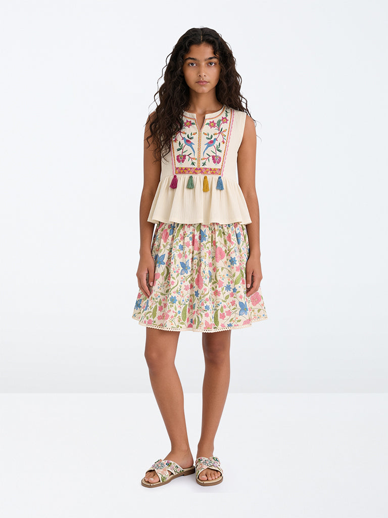 Utsa Kids Girls Multicolour Floral Printed Cotton Skirt (8-14 yrs)