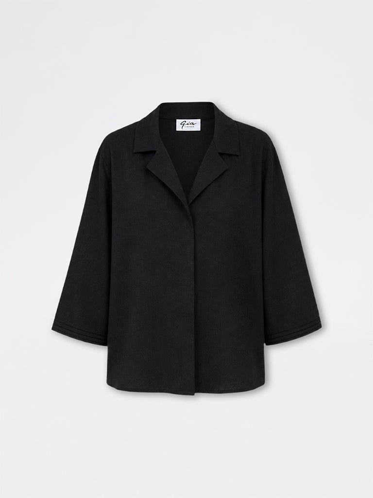 Gia Black Solid Linen-Blend Blouse