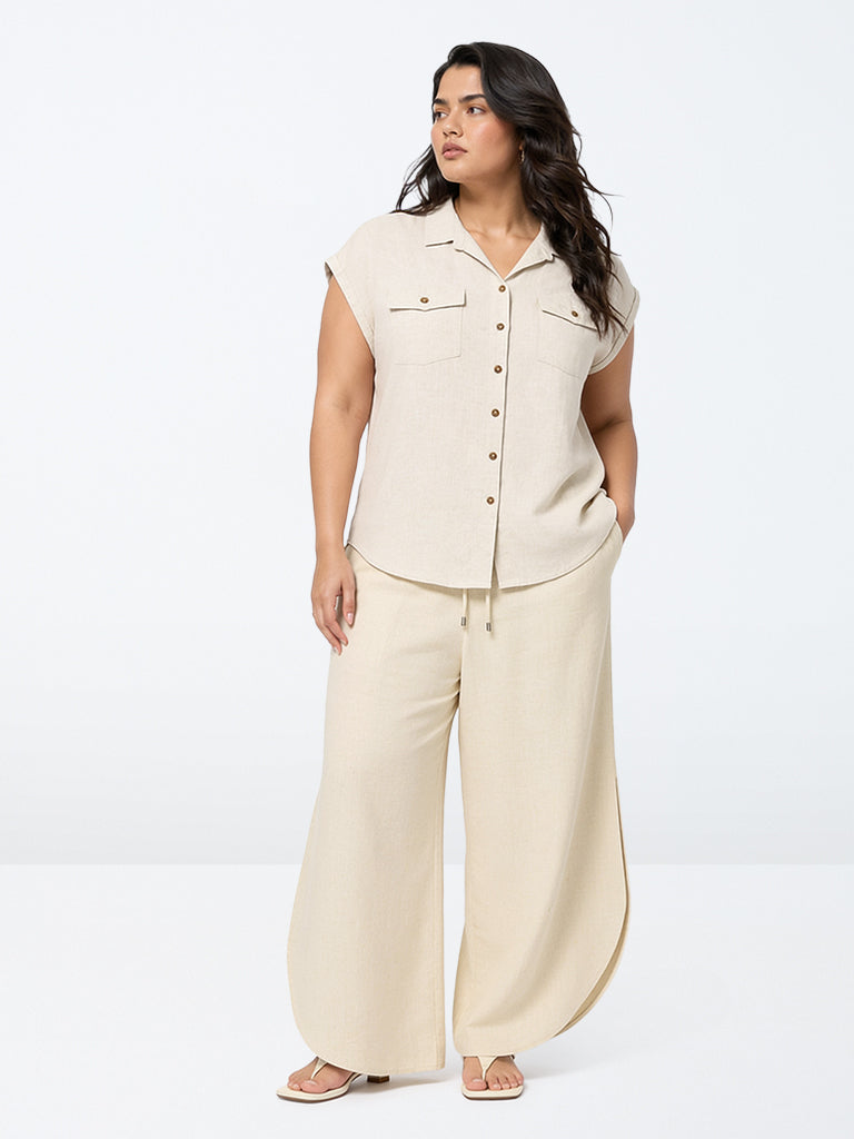 Gia Light Beige Solid High-Rise Trousers
