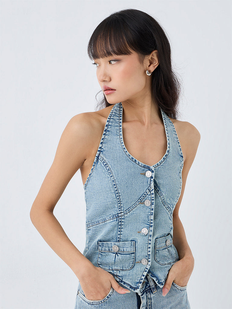 Nuon Blue Halter-Neck Denim Waistcoat