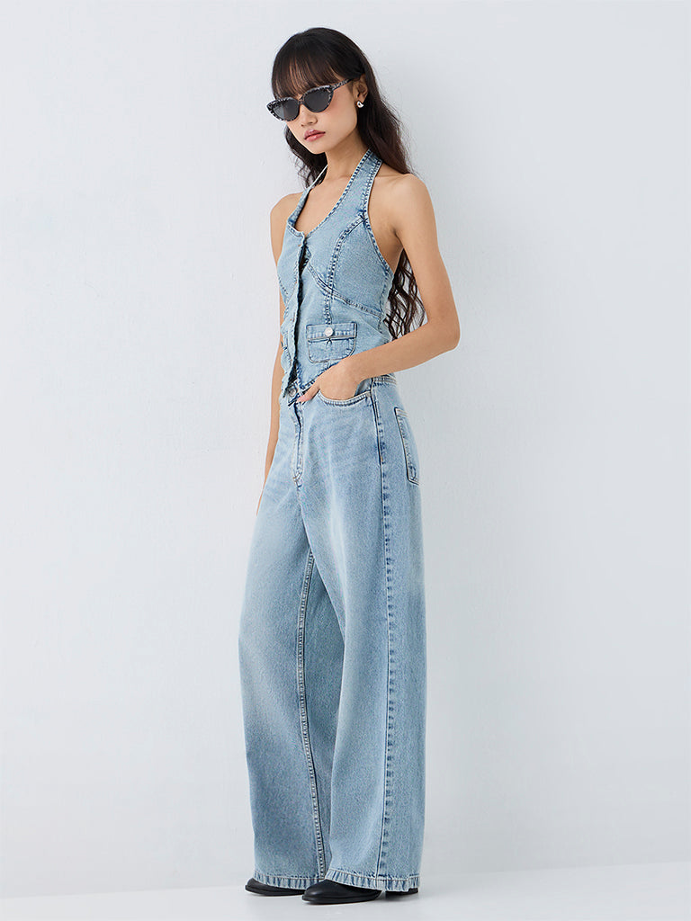Nuon Blue Halter-Neck Denim Waistcoat