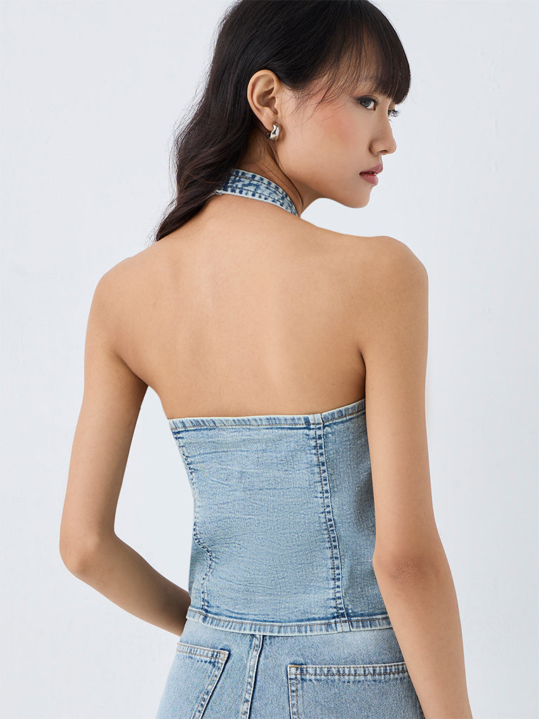 Nuon Blue Halter-Neck Denim Waistcoat