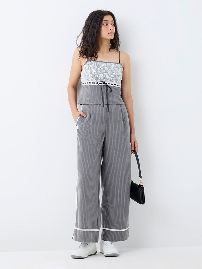 Nuon Grey Pinstriped High-Waist Trousers