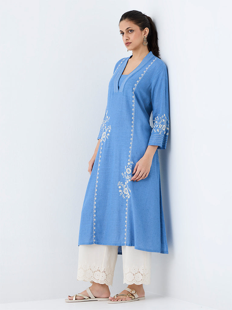 Utsa Blue Floral Embroidered A-Line Kurta
