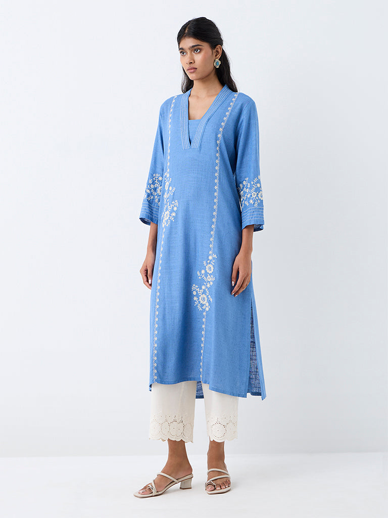 Utsa Blue Floral Embroidered A-Line Kurta