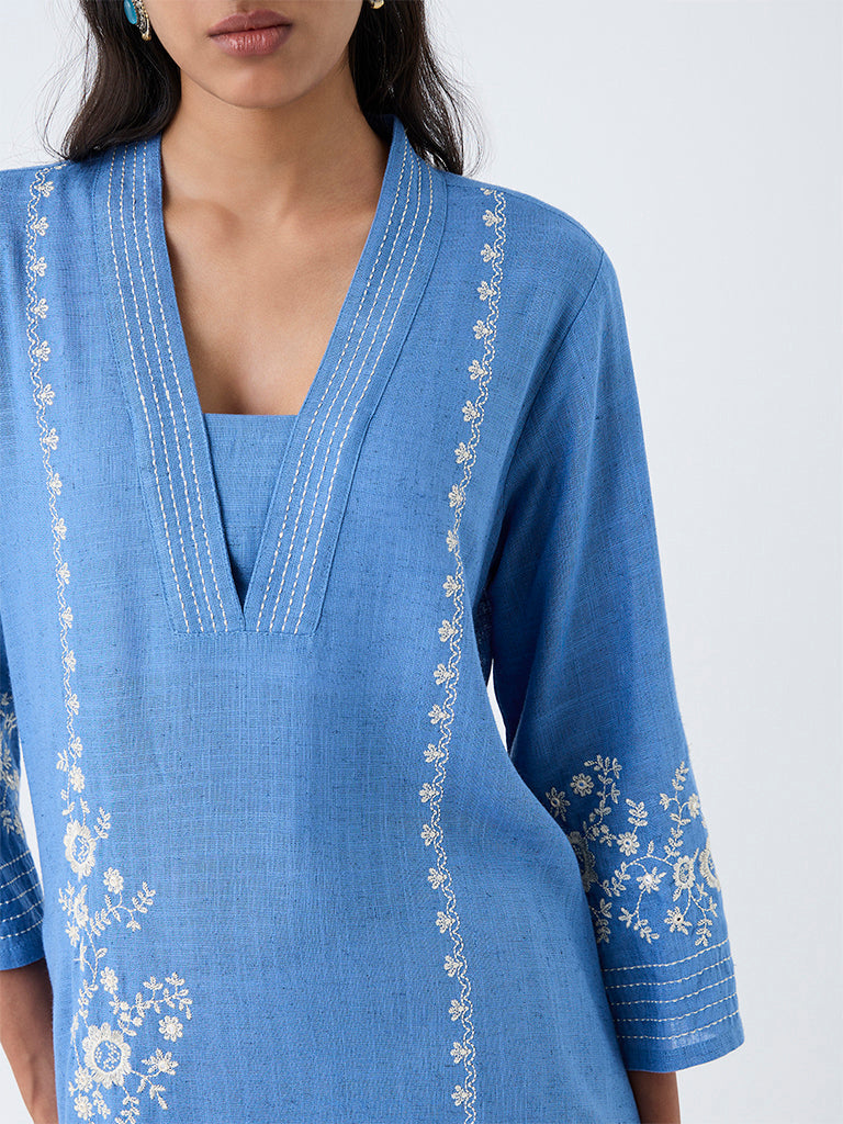 Utsa Blue Floral Embroidered A-Line Kurta