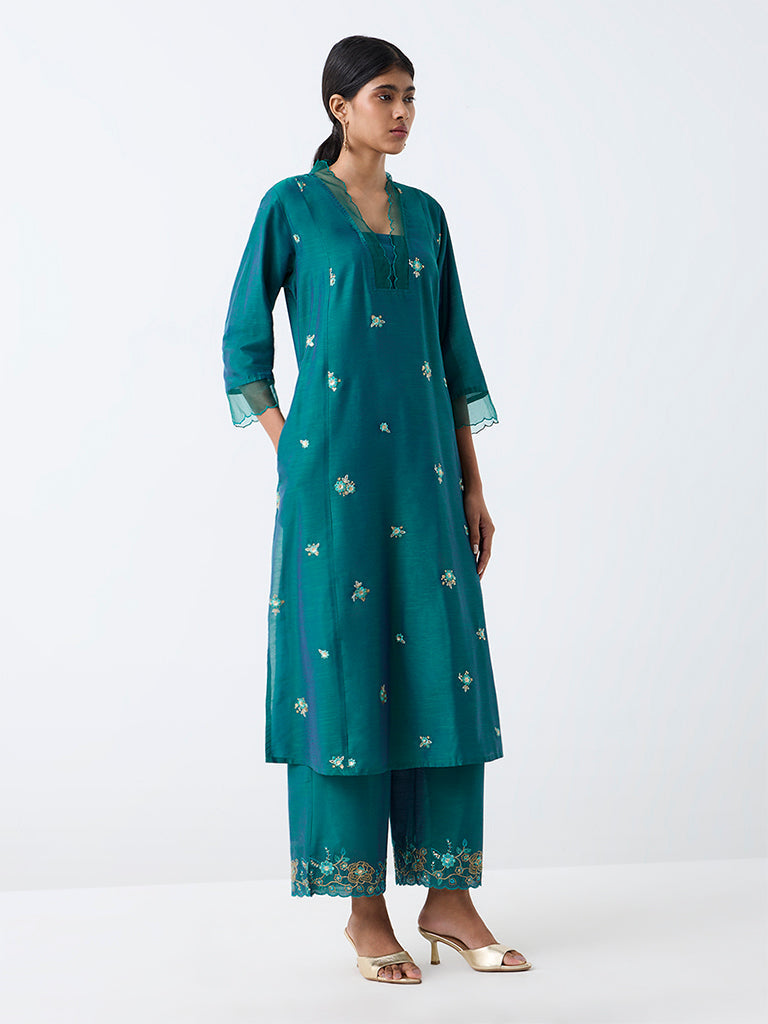Utsa Dark Green Floral Embroidered A-Line Kurta