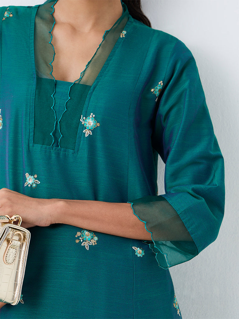 Utsa Dark Green Floral Embroidered A-Line Kurta