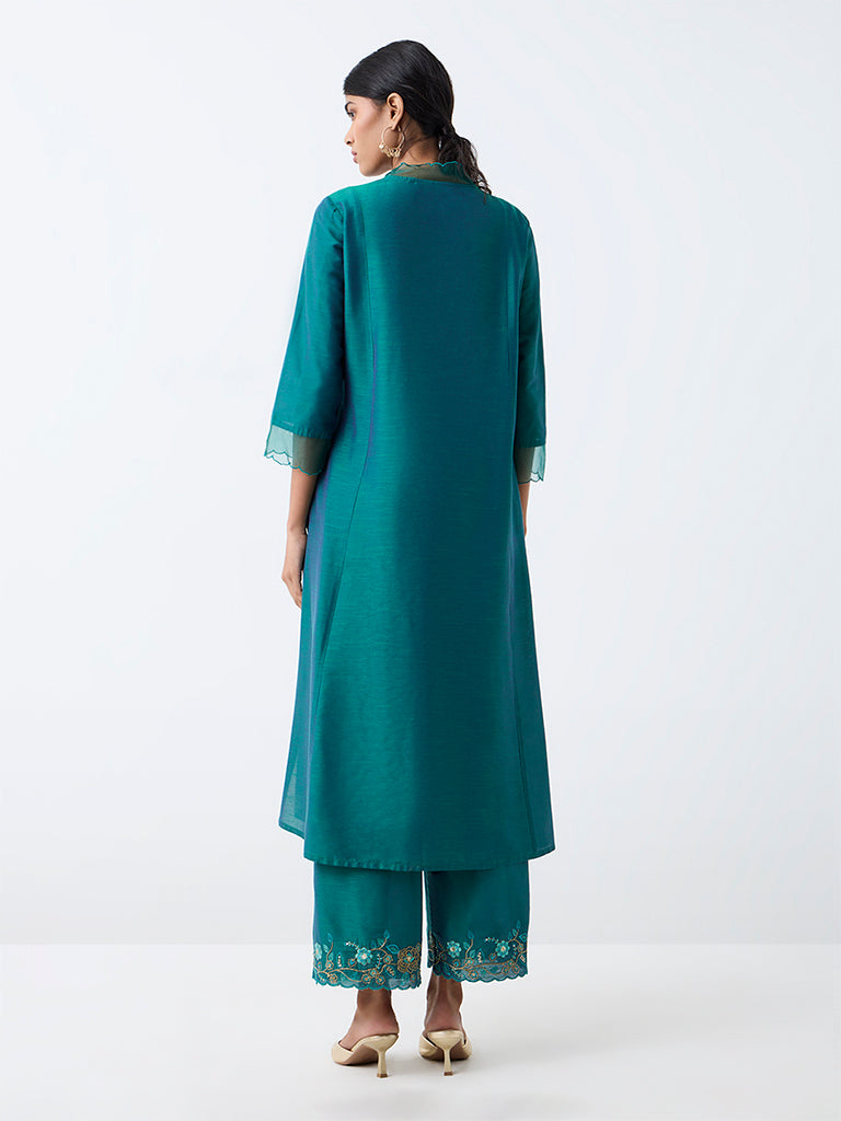 Utsa Dark Green Floral Embroidered A-Line Kurta