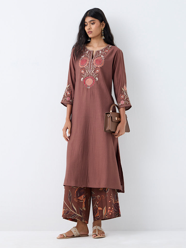 Utsa Brown Anar Embroidered Straight Kurta