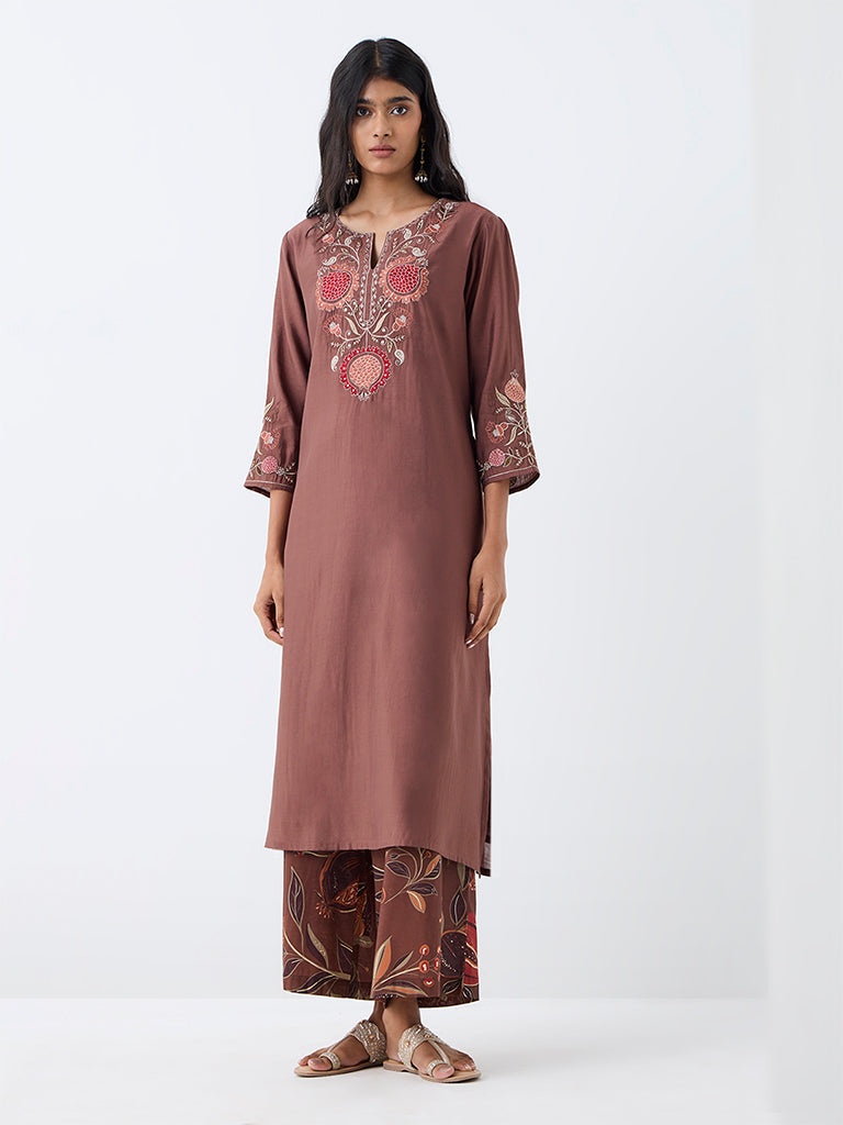 Utsa Brown Anar Embroidered Straight Kurta