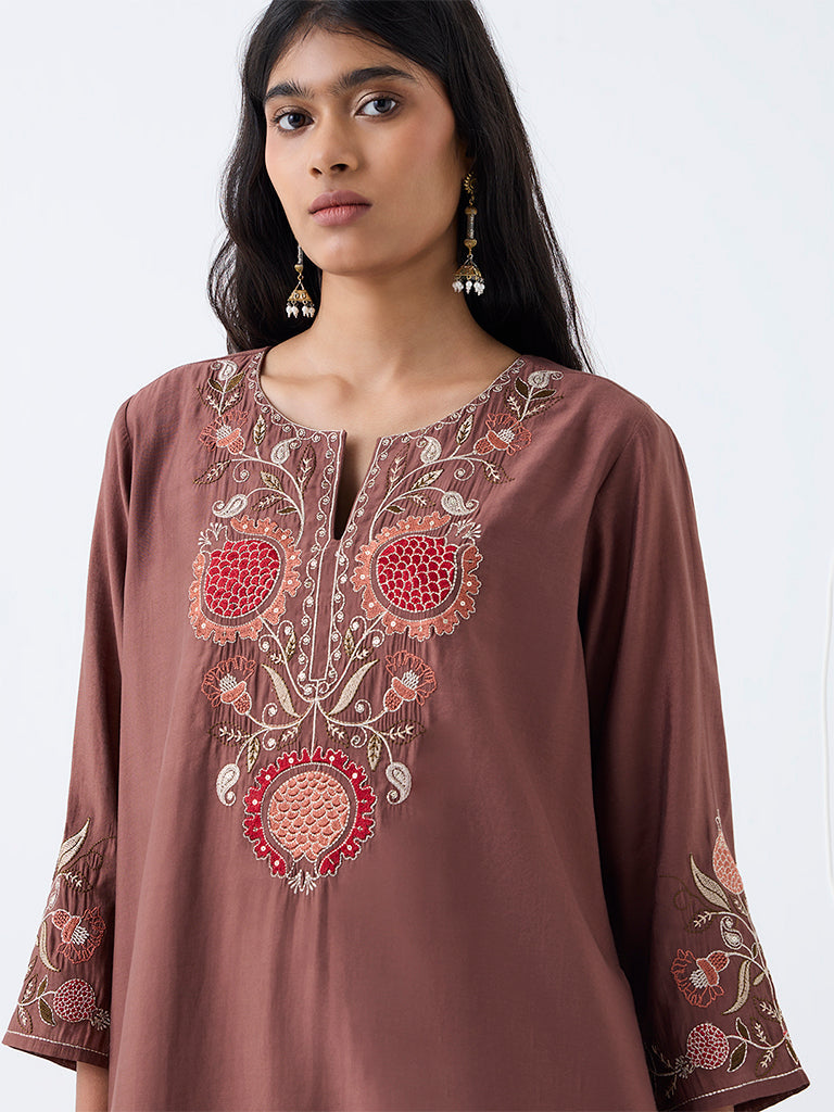 Utsa Brown Anar Embroidered Straight Kurta