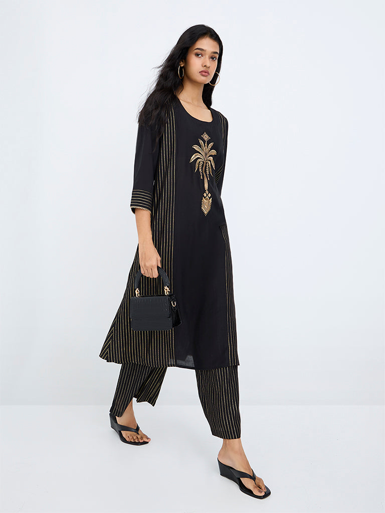 Utsa Black Nature-Inspired A-Line Kurta