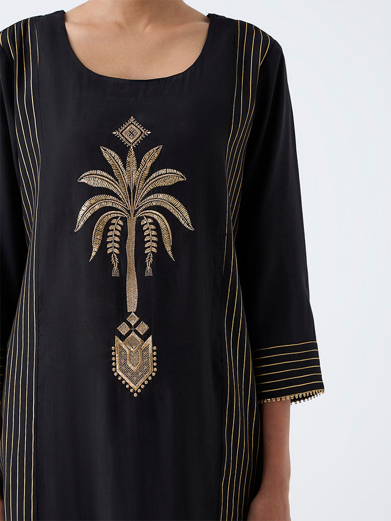 Utsa Black Nature-Inspired A-Line Kurta