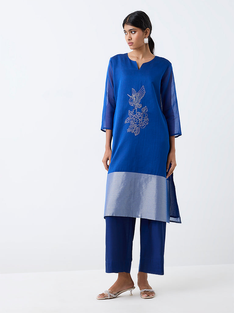 Utsa Blue Nature Embroidered Cotton A-Line Kurta