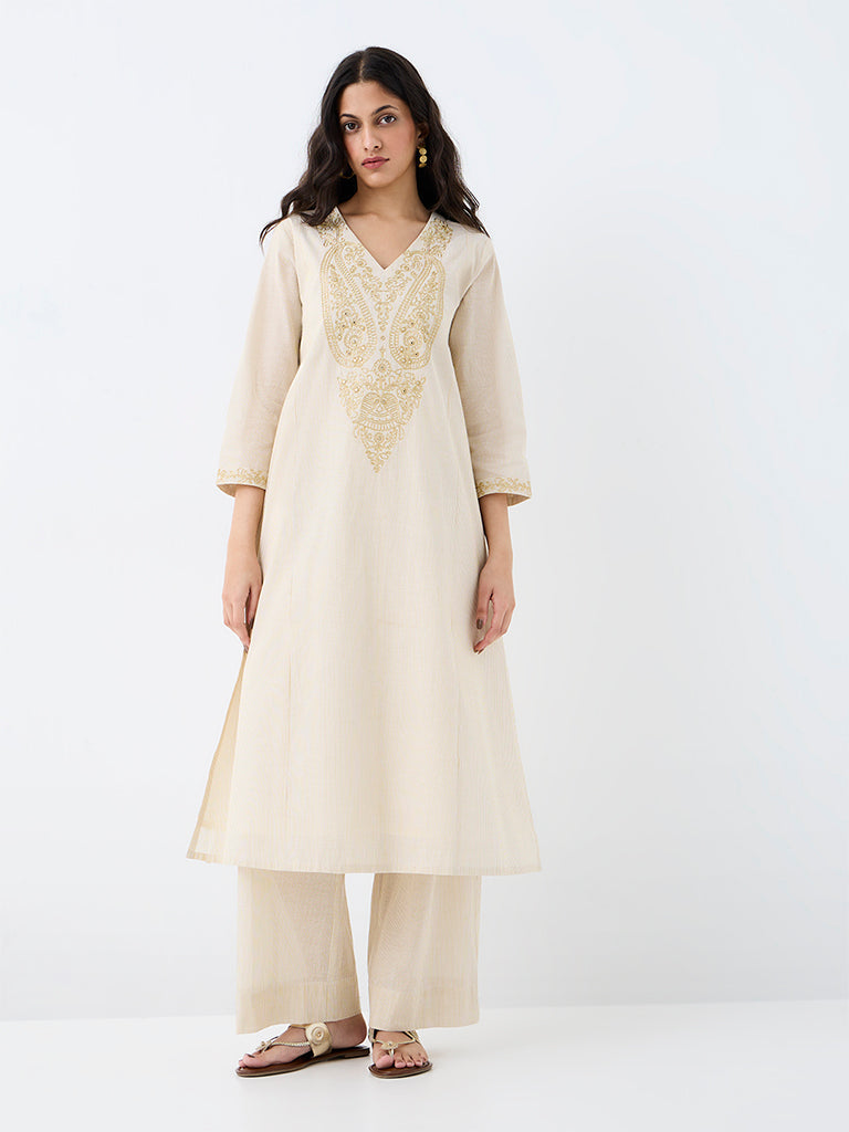 Utsa Cream Paisley Embroidered Cotton A-Line Kurta