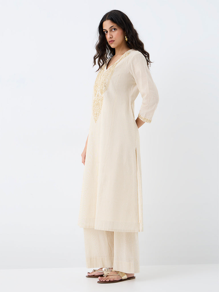 Utsa Cream Paisley Embroidered Cotton A-Line Kurta