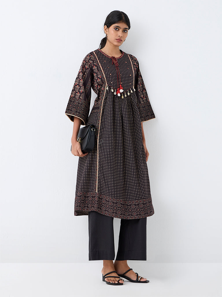 Utsa Black Printed Cotton Flared Kurta