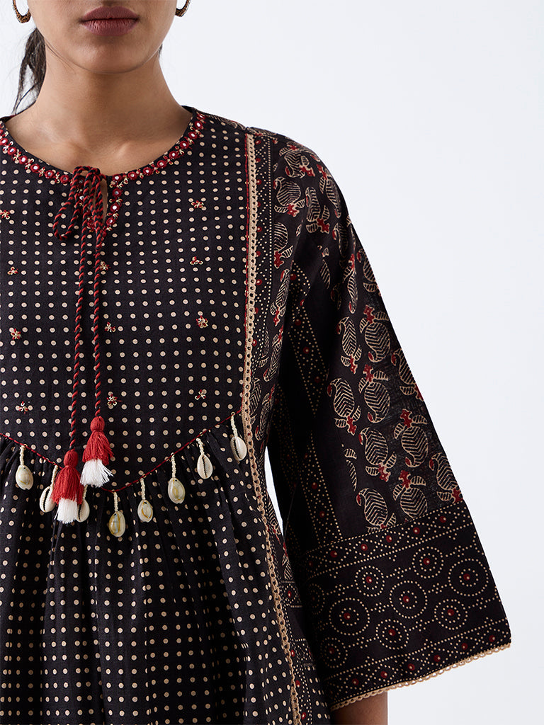 Utsa Black Printed Cotton Flared Kurta