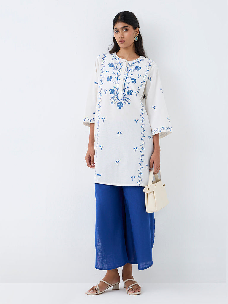 Utsa White Botanical Printed Cotton-Blend A-Line Kurta