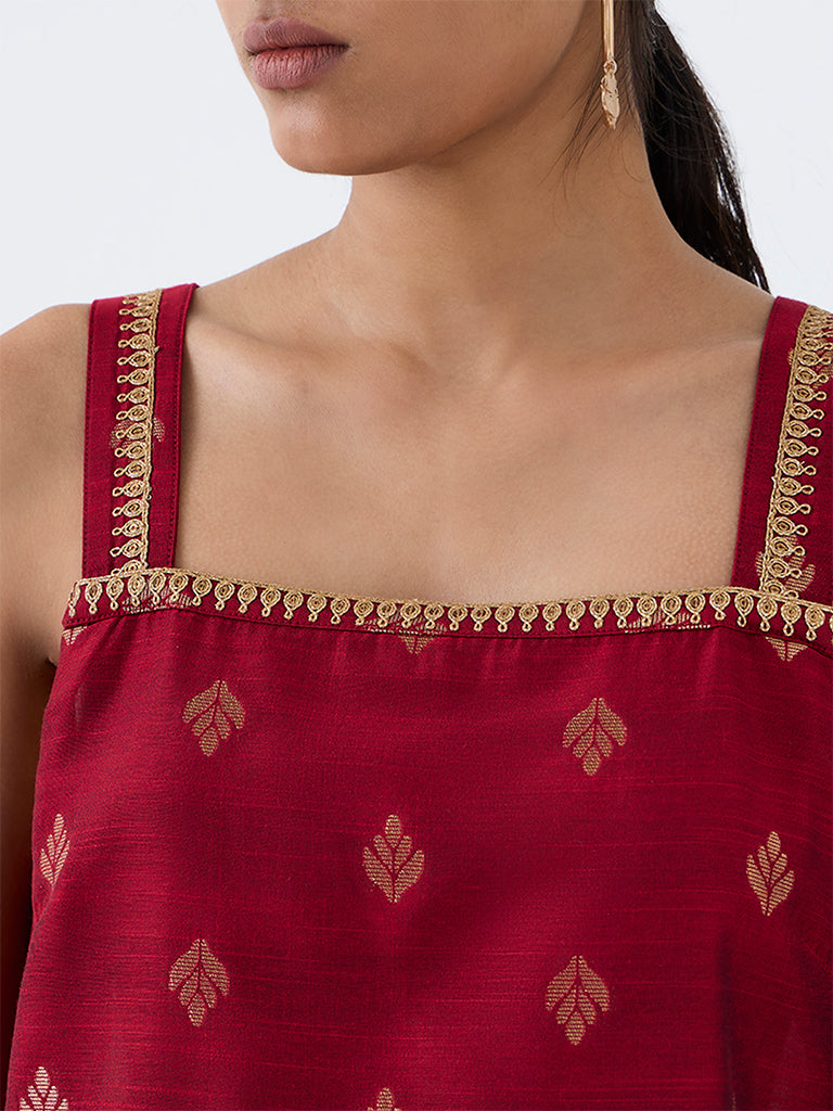 Utsa Red Zari Embroidered Straight Kurti