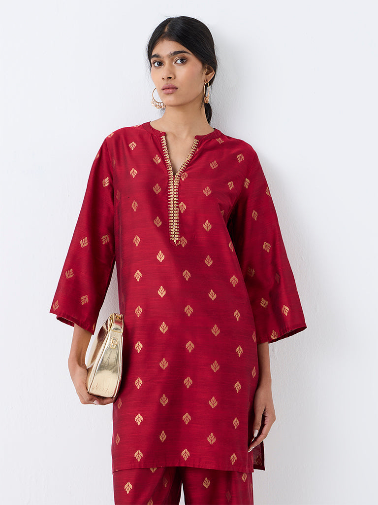 Utsa Red Zari Embroidered A-Line Kurti