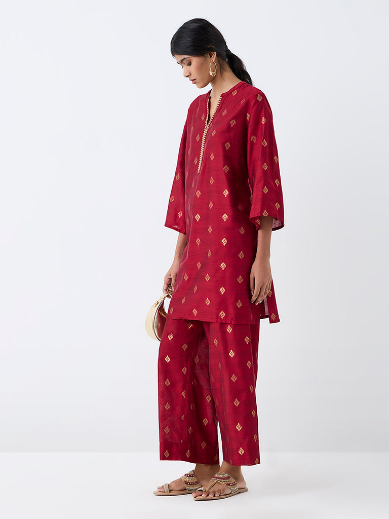 Utsa Red Zari Embroidered A-Line Kurti