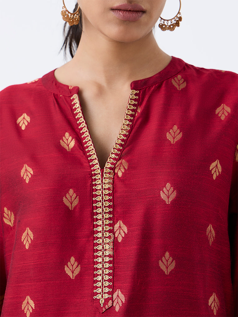 Utsa Red Zari Embroidered A-Line Kurti