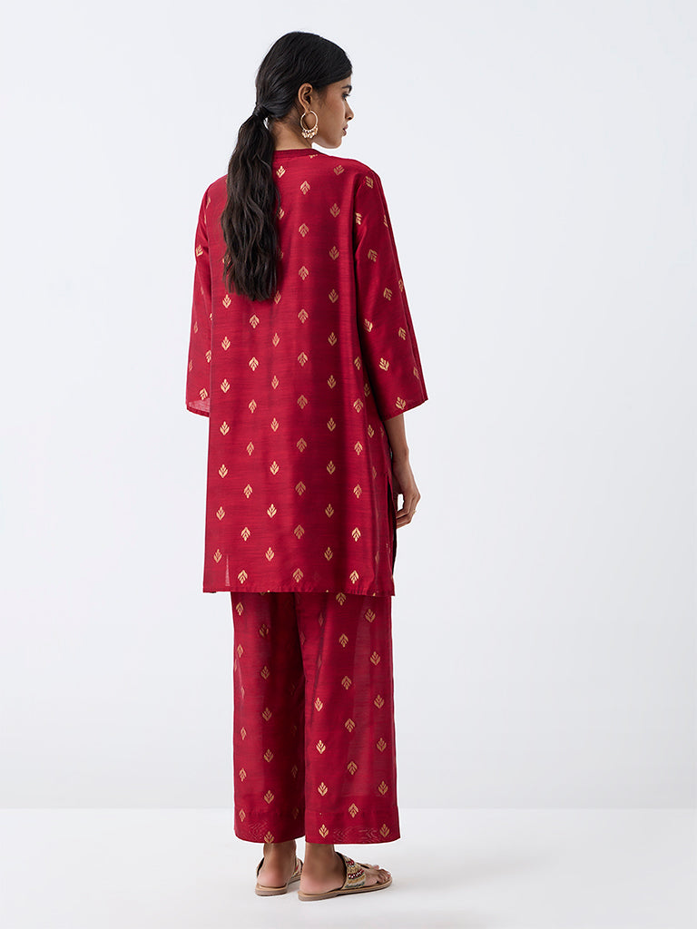 Utsa Red Zari Embroidered A-Line Kurti