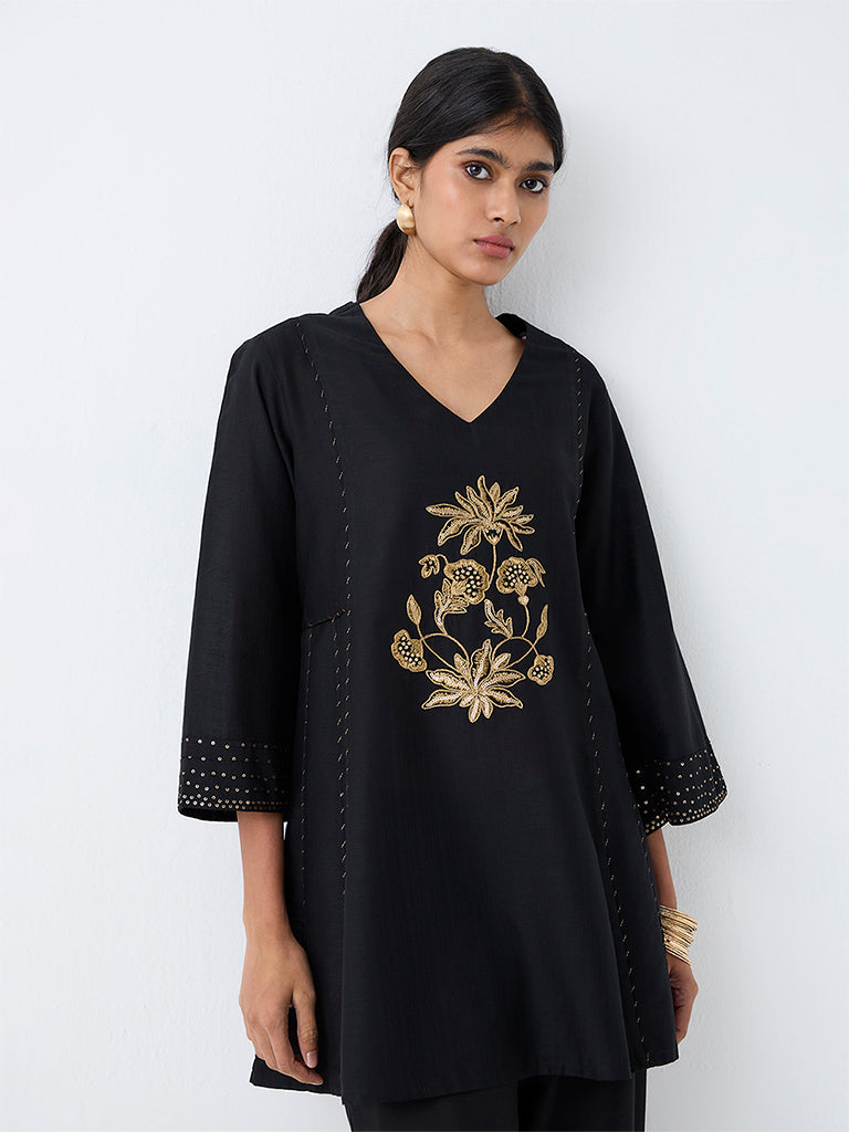 Utsa Black Floral Embroidered Tunic