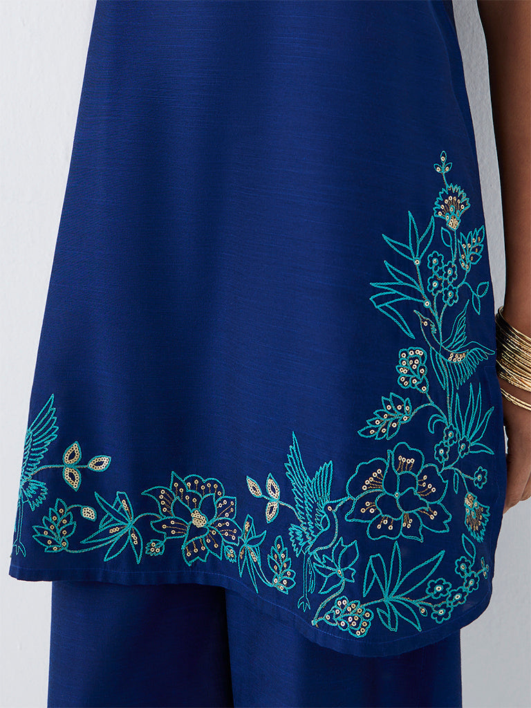 Utsa Blue Foliage Embroidered Straight Kurta