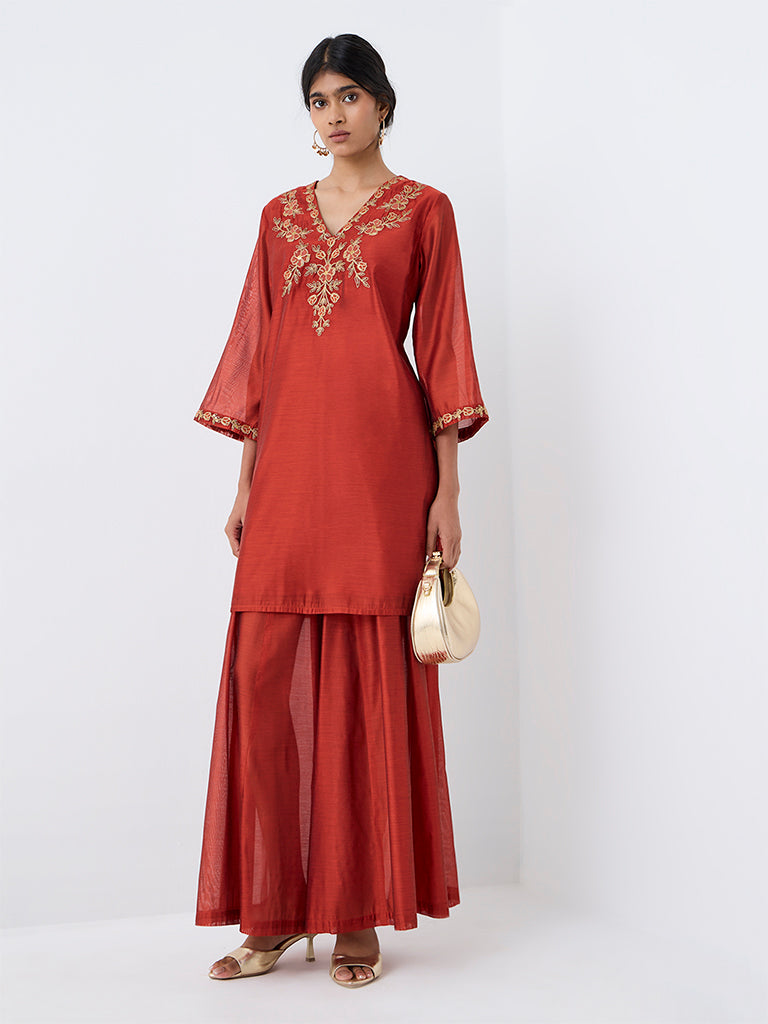 Utsa Orange Floral Embroidered Straight Kurta